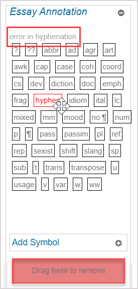 When the cursor hovers over an annotation, its description appears at the top of the Essay Annotation palette.